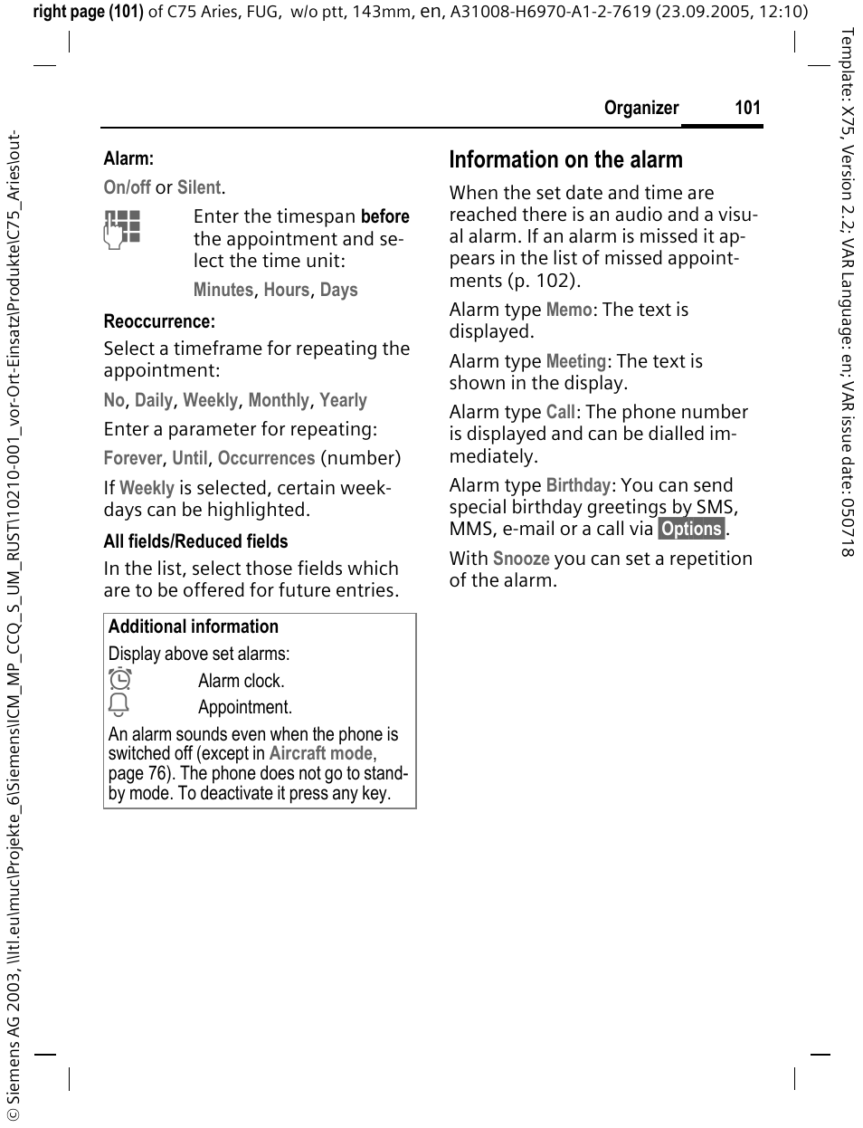 Information on the alarm | Siemens C75 User Manual | Page 102 / 144