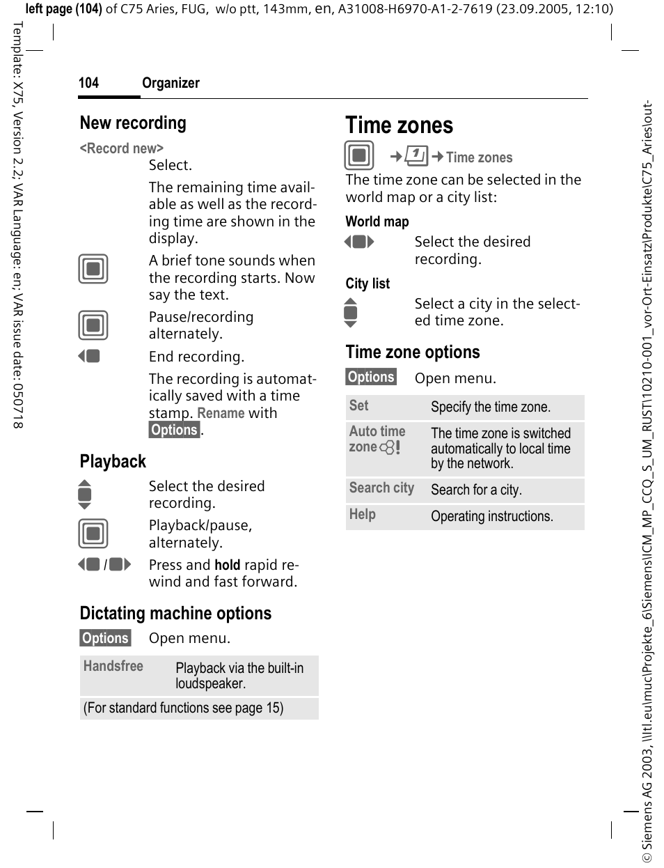 Time zones | Siemens C75 User Manual | Page 105 / 144