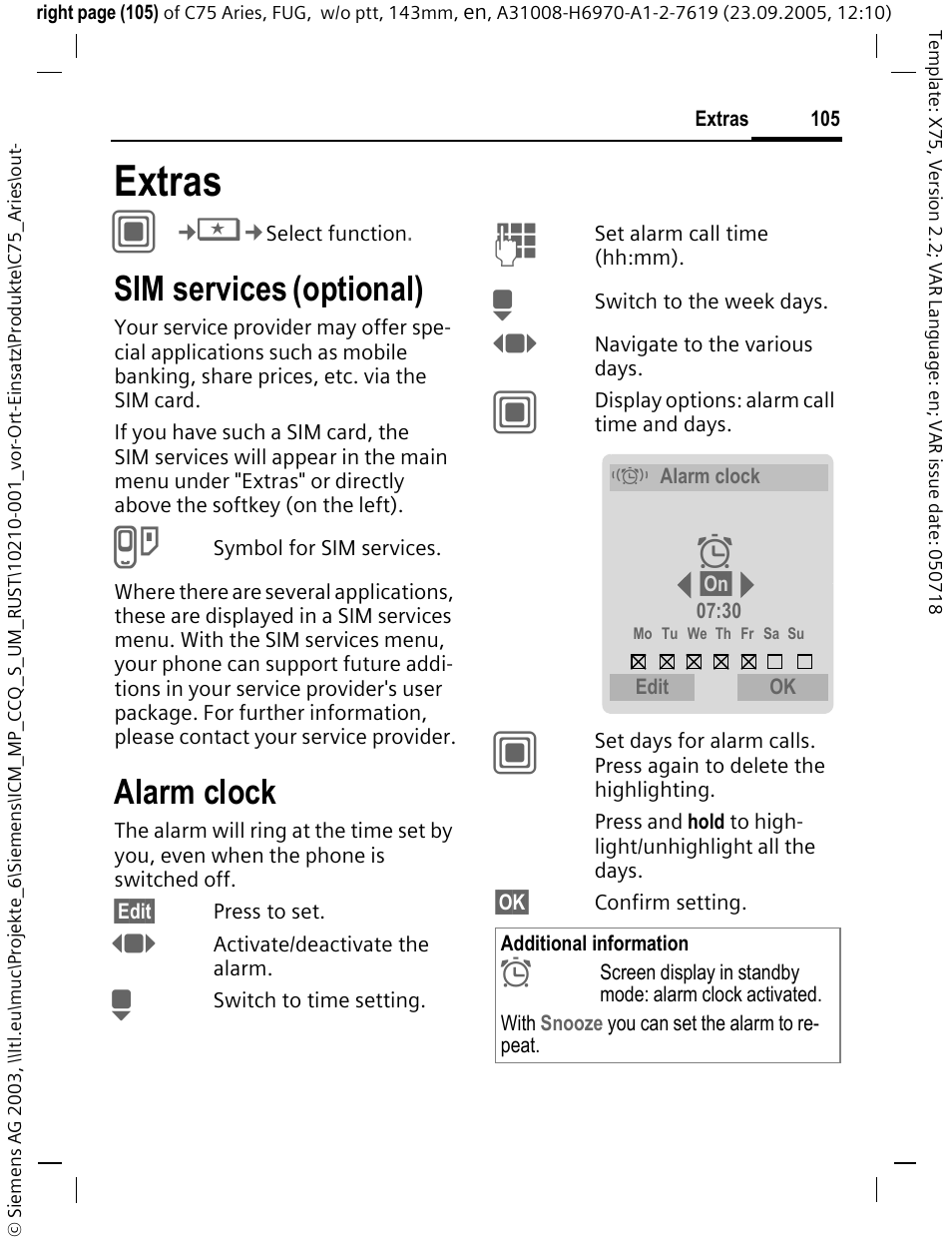 Extras, Sim services (optional), Alarm clock | Sim services (op, Extras c, Sim services, Optional) | Siemens C75 User Manual | Page 106 / 144