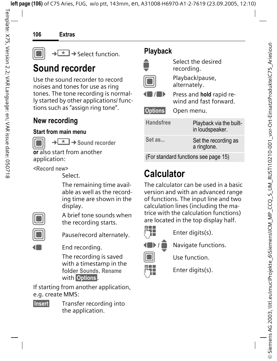 Sound recorder, Calculator | Siemens C75 User Manual | Page 107 / 144