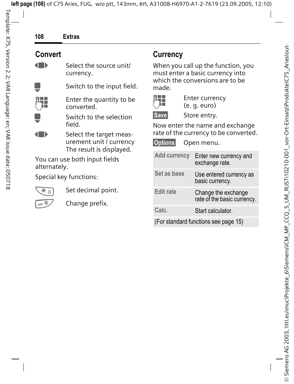 Convert, Currency | Siemens C75 User Manual | Page 109 / 144