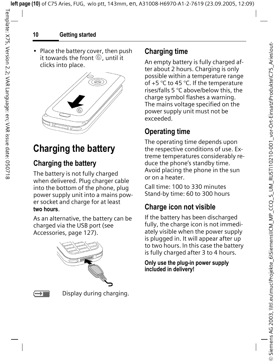 Charging the battery, Charging time, Operating time | Charge icon not visible | Siemens C75 User Manual | Page 11 / 144