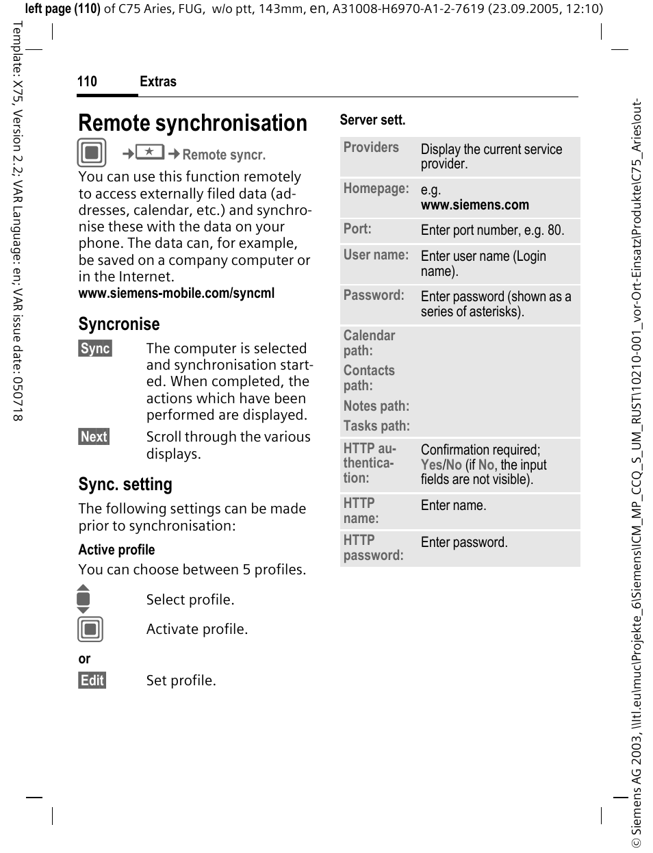 Remote synchronisation, Syncronise, Sync. setting | Siemens C75 User Manual | Page 111 / 144