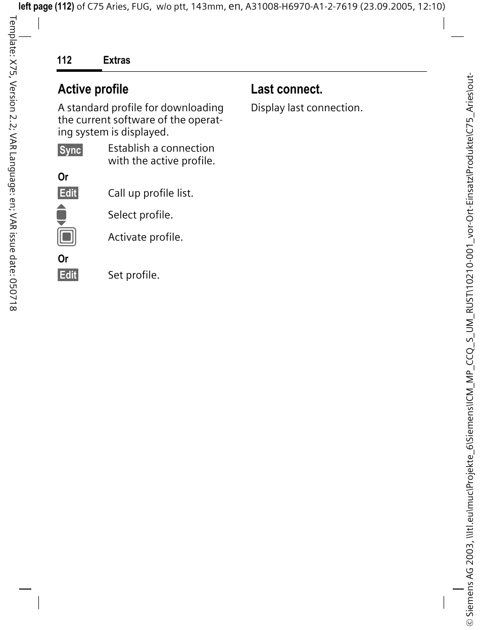 Active profile, Last connect | Siemens C75 User Manual | Page 113 / 144