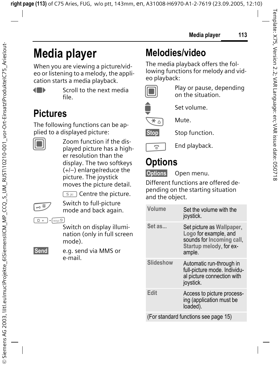 Media player, Pictures, Melodies/video | Options | Siemens C75 User Manual | Page 114 / 144
