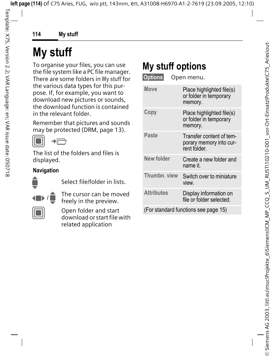 My stuff, My stuff options | Siemens C75 User Manual | Page 115 / 144