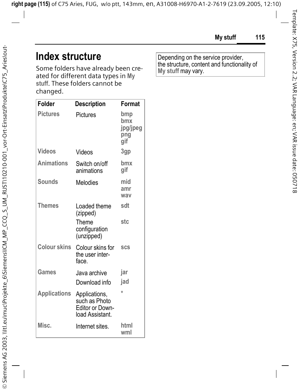 Index structure | Siemens C75 User Manual | Page 116 / 144