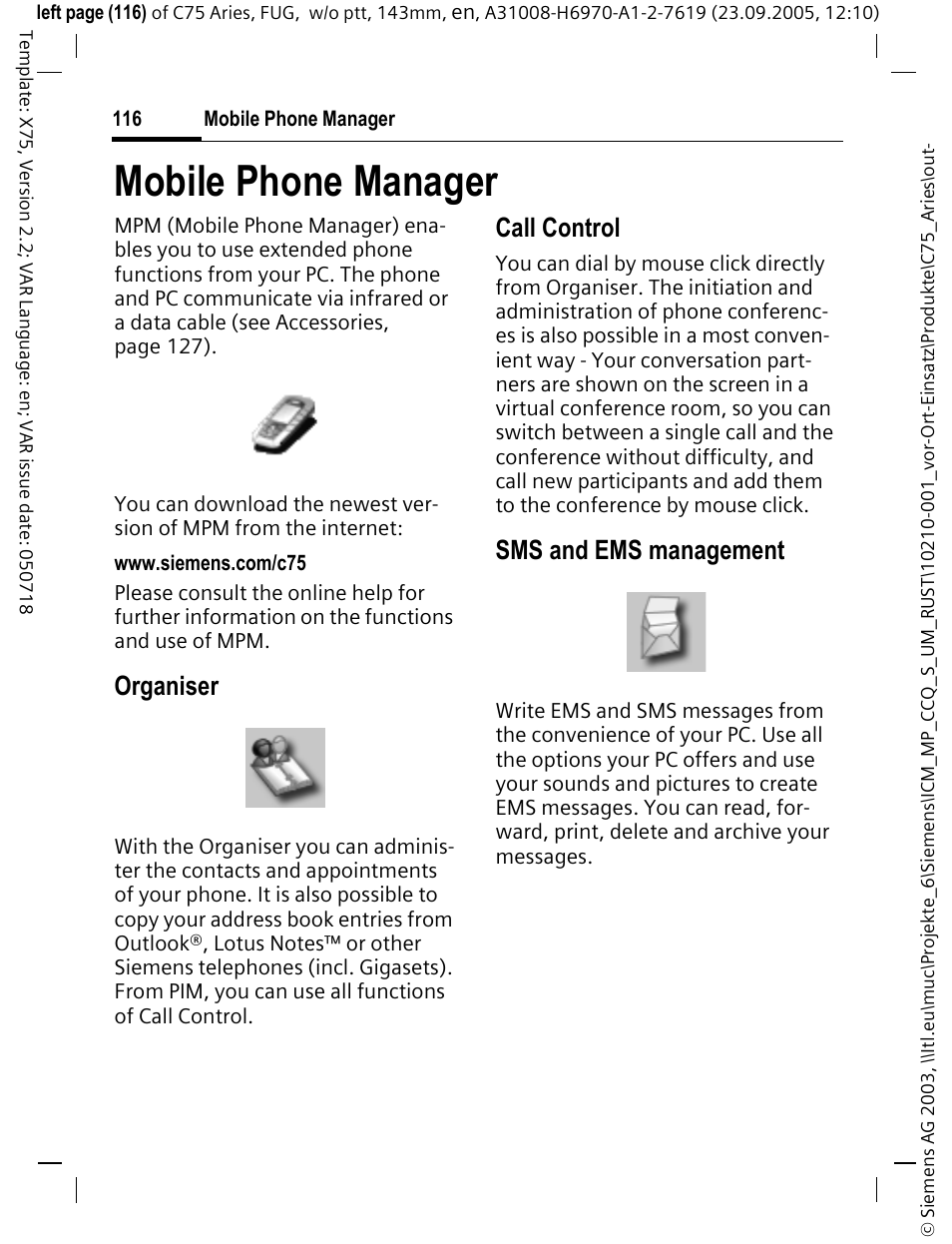 Mobile phone manager, Organiser, Call control | Sms and ems management | Siemens C75 User Manual | Page 117 / 144