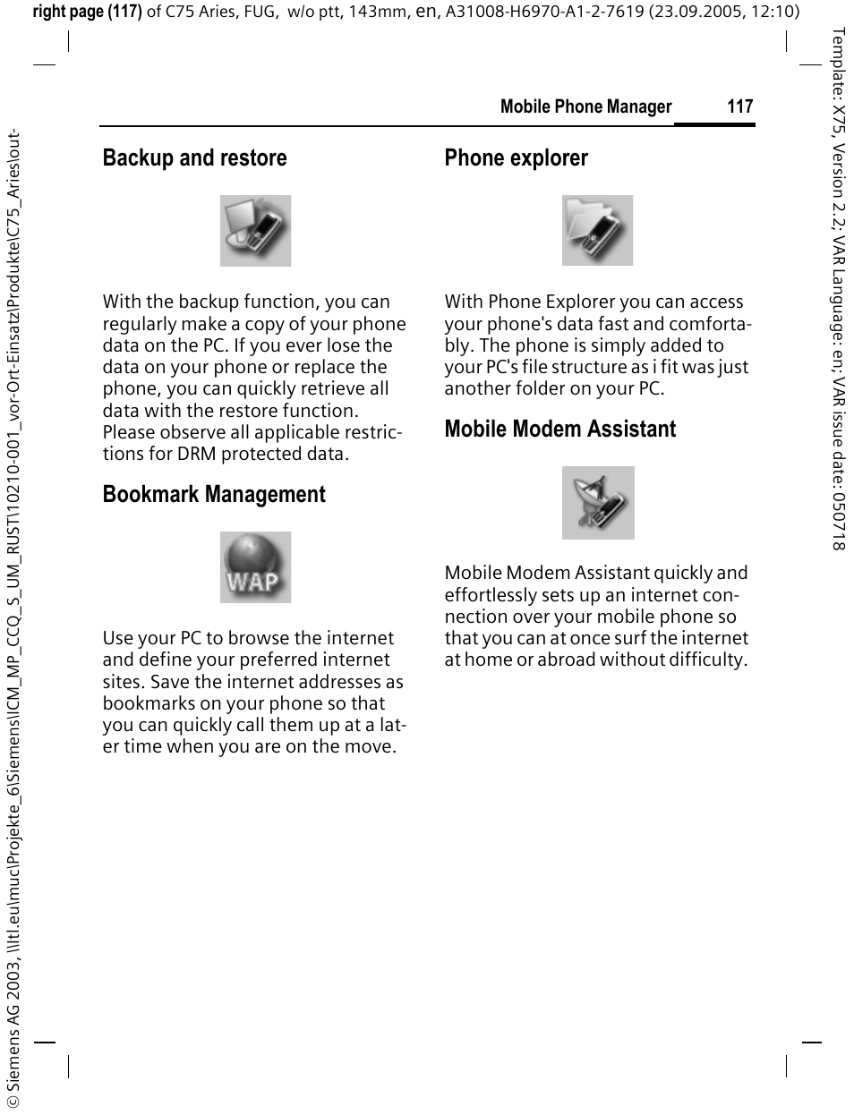 Backup and restore, Bookmark management, Phone explorer | Mobile modem assistant | Siemens C75 User Manual | Page 118 / 144