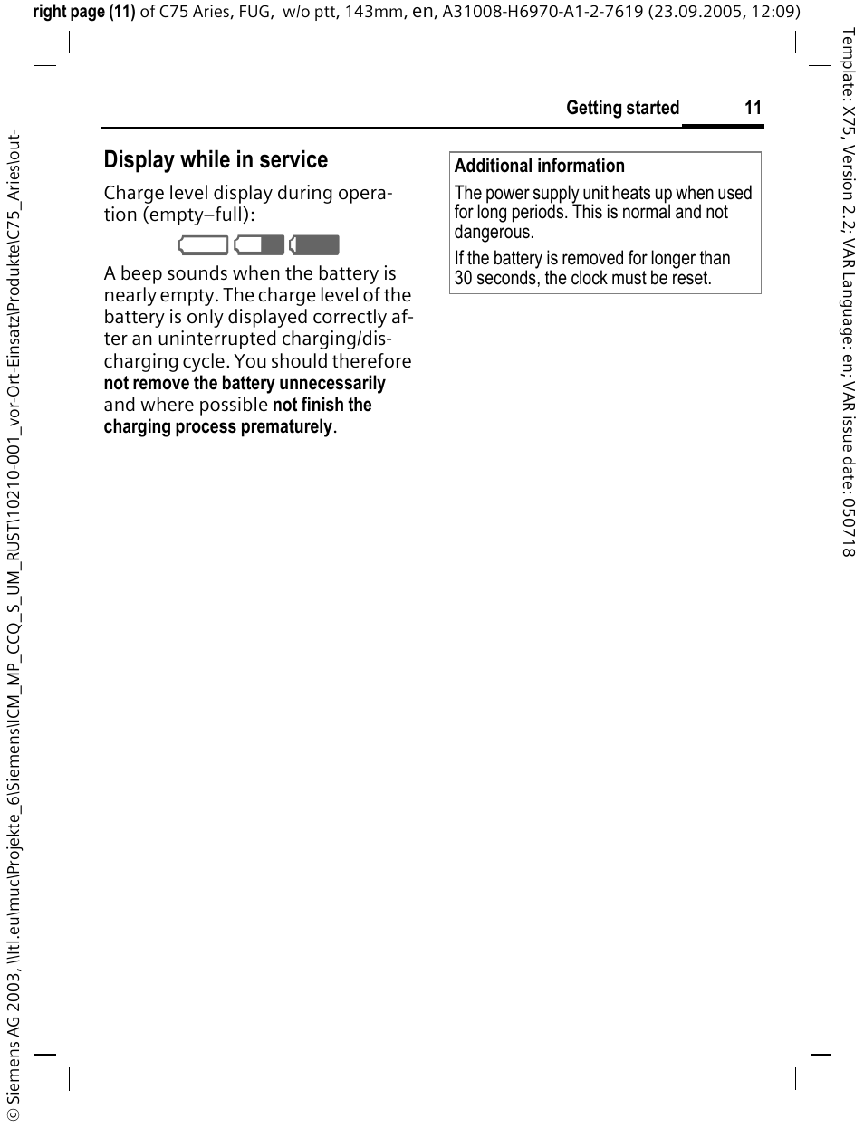 Display while in service | Siemens C75 User Manual | Page 12 / 144