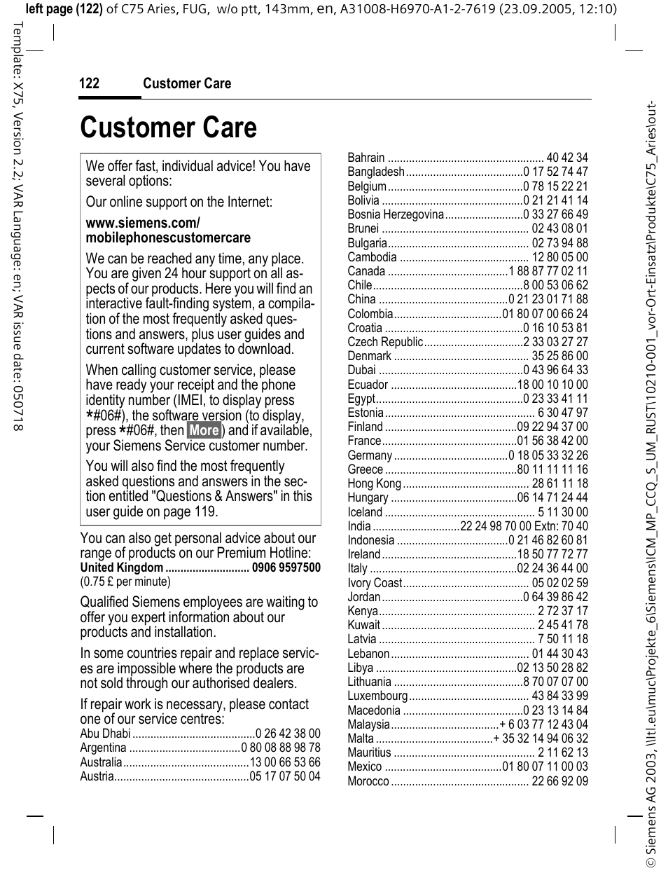 Customer care | Siemens C75 User Manual | Page 123 / 144