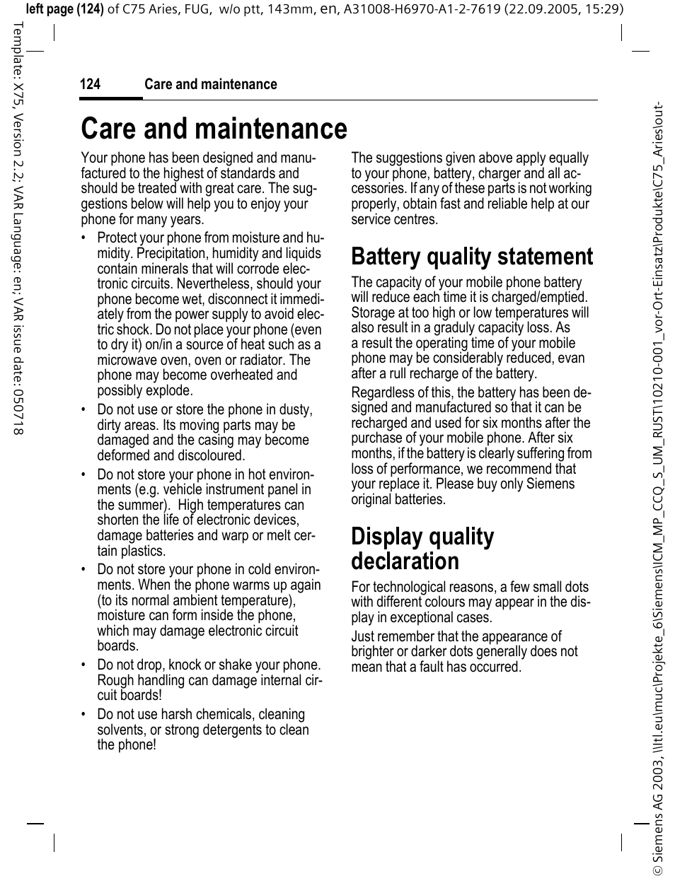 Care and maintenance, Battery quality statement, Display quality declaration | Siemens C75 User Manual | Page 125 / 144