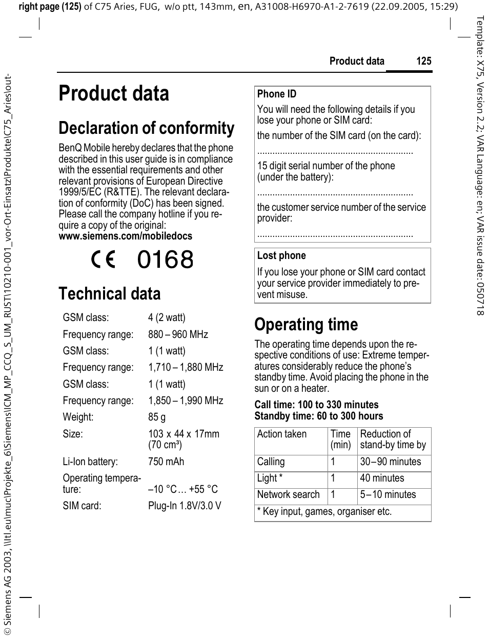 Product data, Declaration of conformity, Technical data operating time | Siemens C75 User Manual | Page 126 / 144