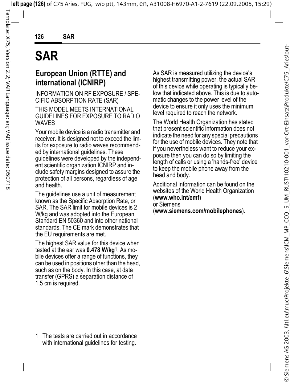 European union (rtte) and international (icnirp) | Siemens C75 User Manual | Page 127 / 144