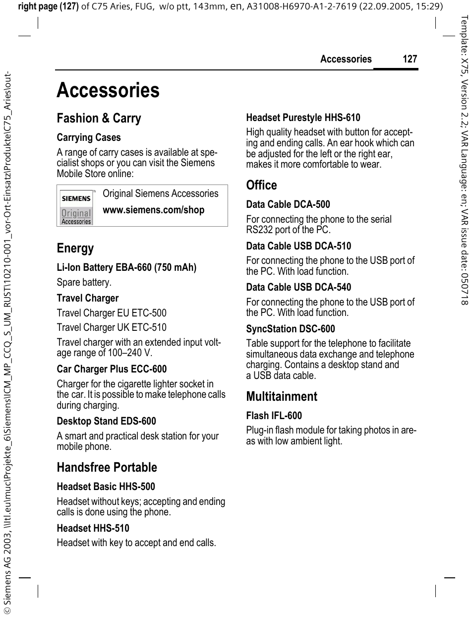 Accessories, Fashion & carry, Energy | Handsfree portable, Office, Multitainment | Siemens C75 User Manual | Page 128 / 144