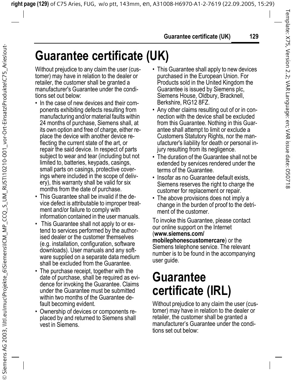 Guarantee certificate (uk), Guarantee certificate (irl) | Siemens C75 User Manual | Page 130 / 144