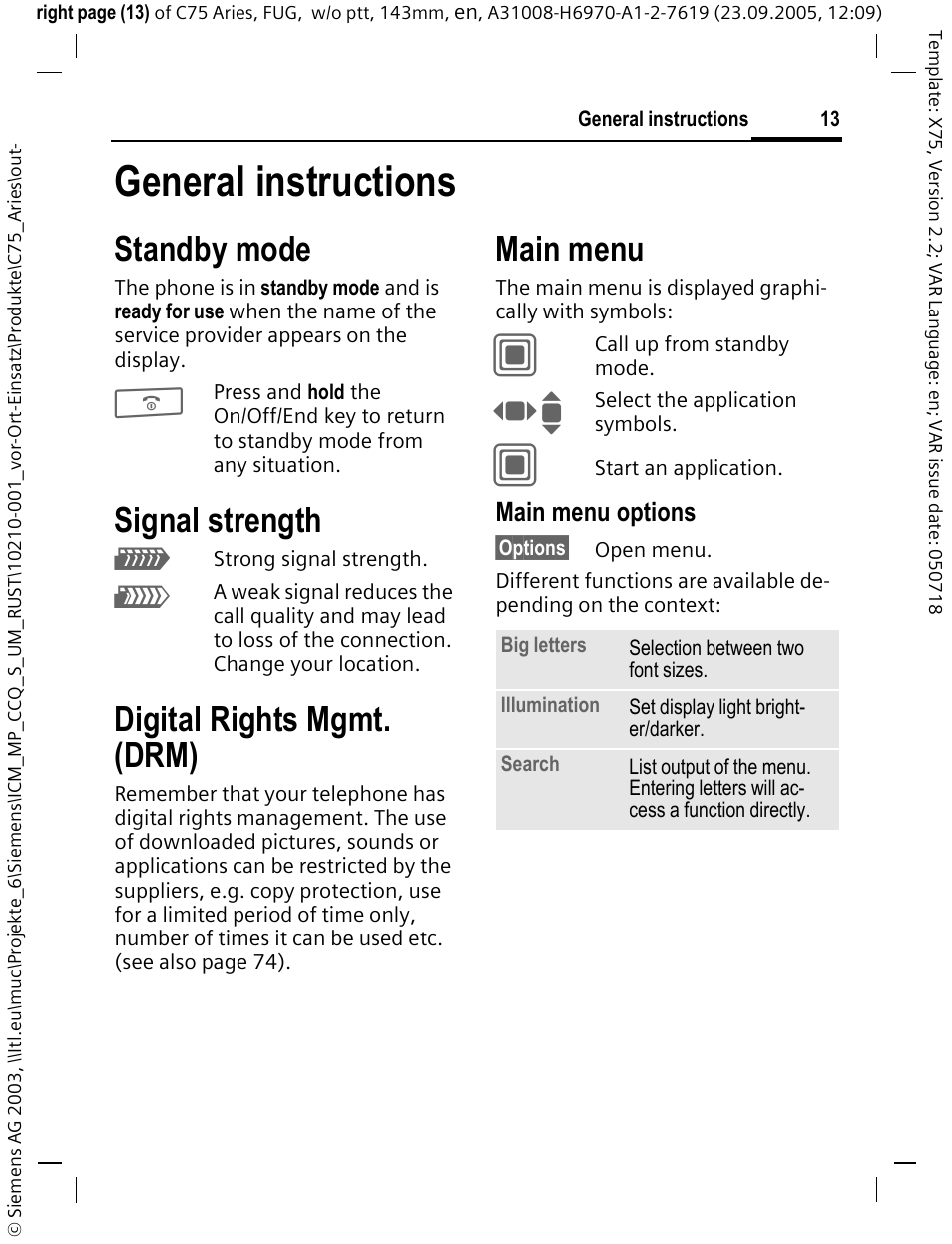 General instructions, Standby mode, Signal strength | Digital rights mgmt. (drm), Main menu | Siemens C75 User Manual | Page 14 / 144