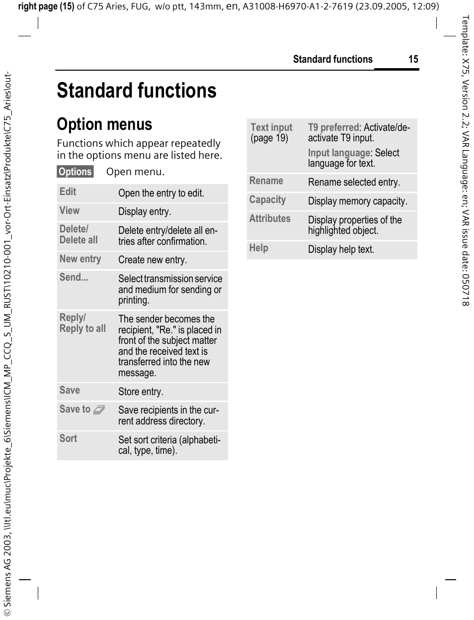 Standard functions, Option menus | Siemens C75 User Manual | Page 16 / 144