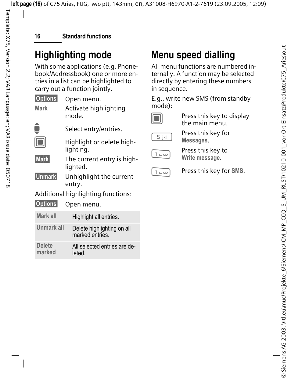 Highlighting mode, Menu speed dialling, Highlighting mode menu speed dialling | Siemens C75 User Manual | Page 17 / 144