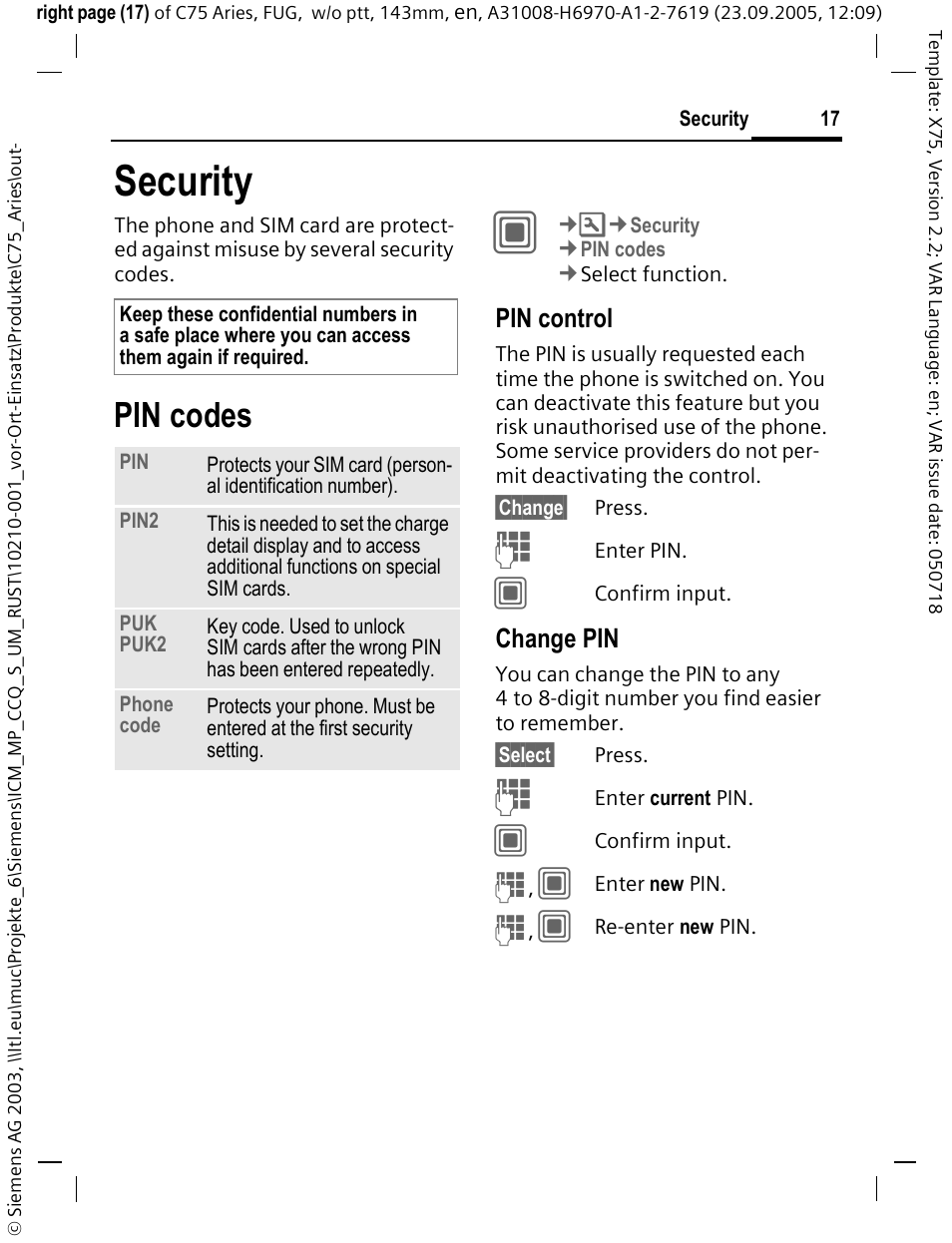 Security, Pin codes, Pin control | Change pin | Siemens C75 User Manual | Page 18 / 144
