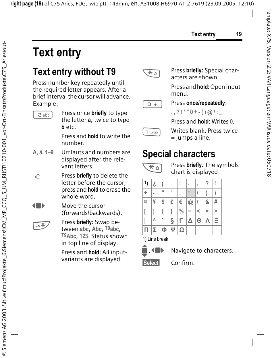 Text entry, Text entry without t9, Special characters | Siemens C75 User Manual | Page 20 / 144