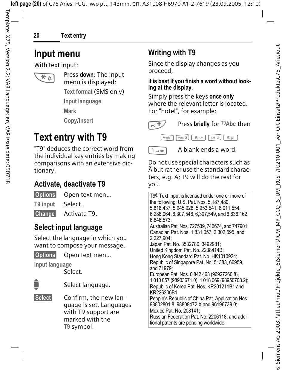 Input menu, Text entry with t9, Activate, deactivate t9 | Select input language, Writing with t9 | Siemens C75 User Manual | Page 21 / 144