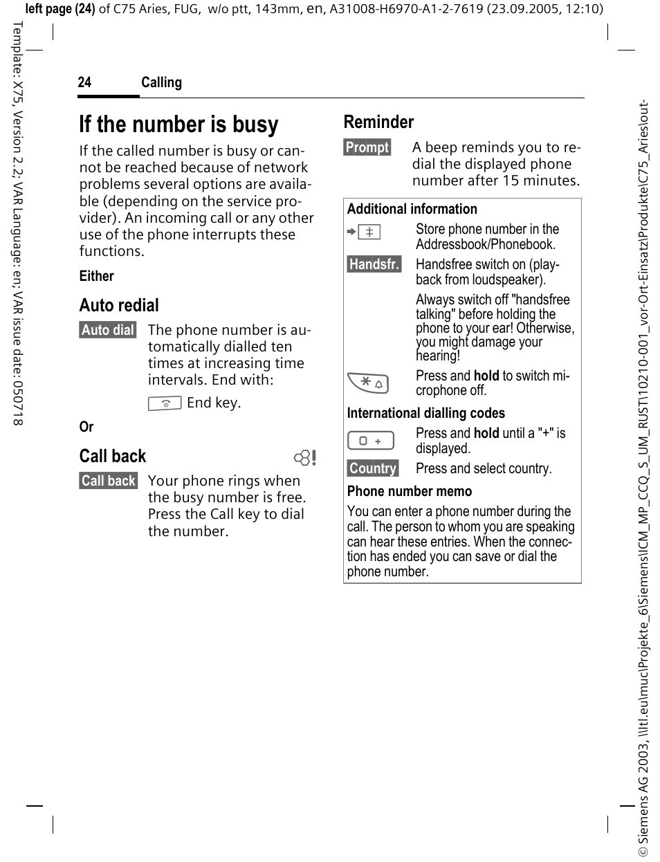 If the number is busy, Auto redial, Call back b | Reminder | Siemens C75 User Manual | Page 25 / 144