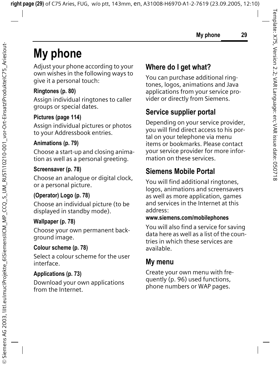 My phone, Where do i get what, Service supplier portal | Siemens mobile portal, My menu | Siemens C75 User Manual | Page 30 / 144