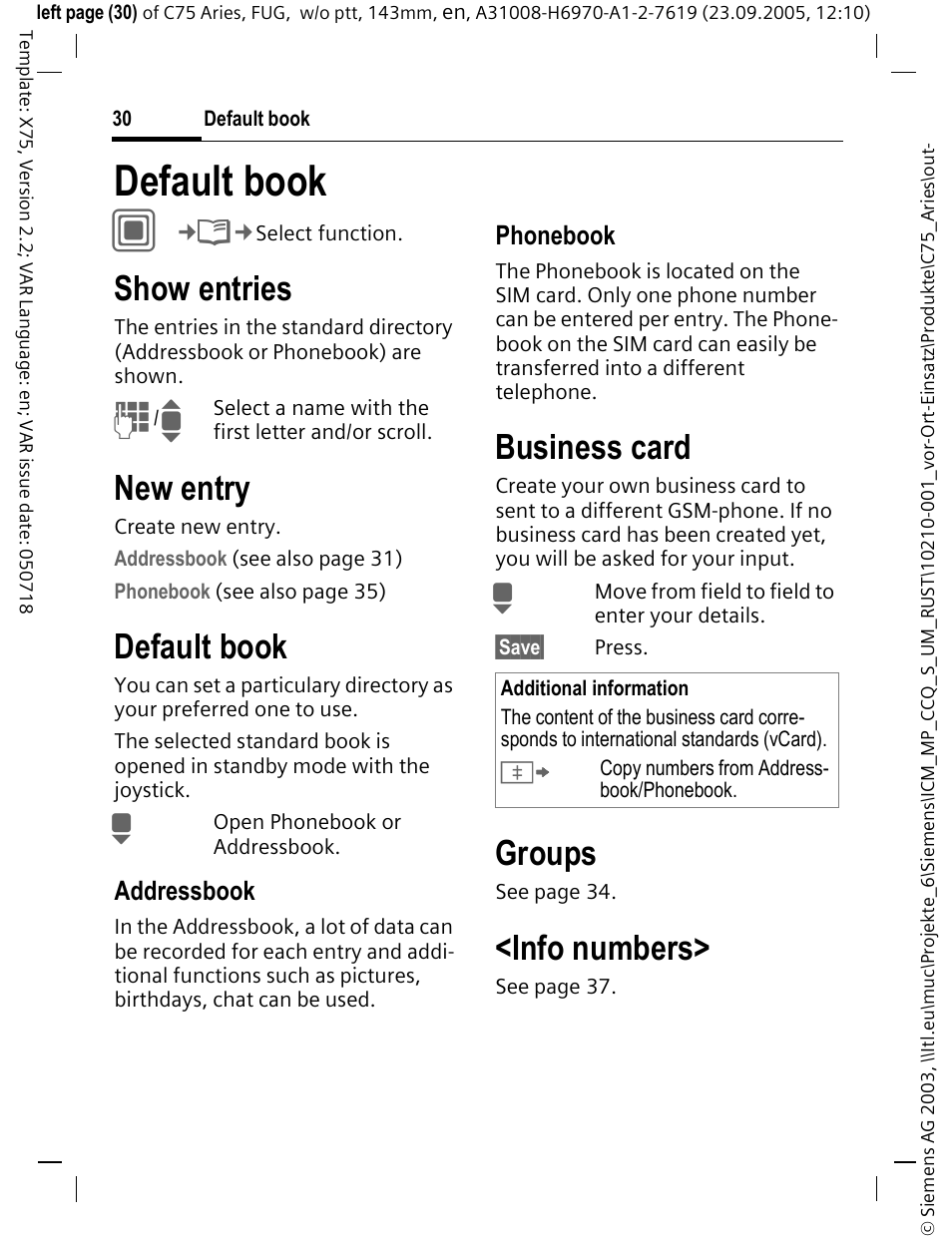 Default book, Default book c, Show entries | New entry, Business card, Groups, Info numbers | Siemens C75 User Manual | Page 31 / 144