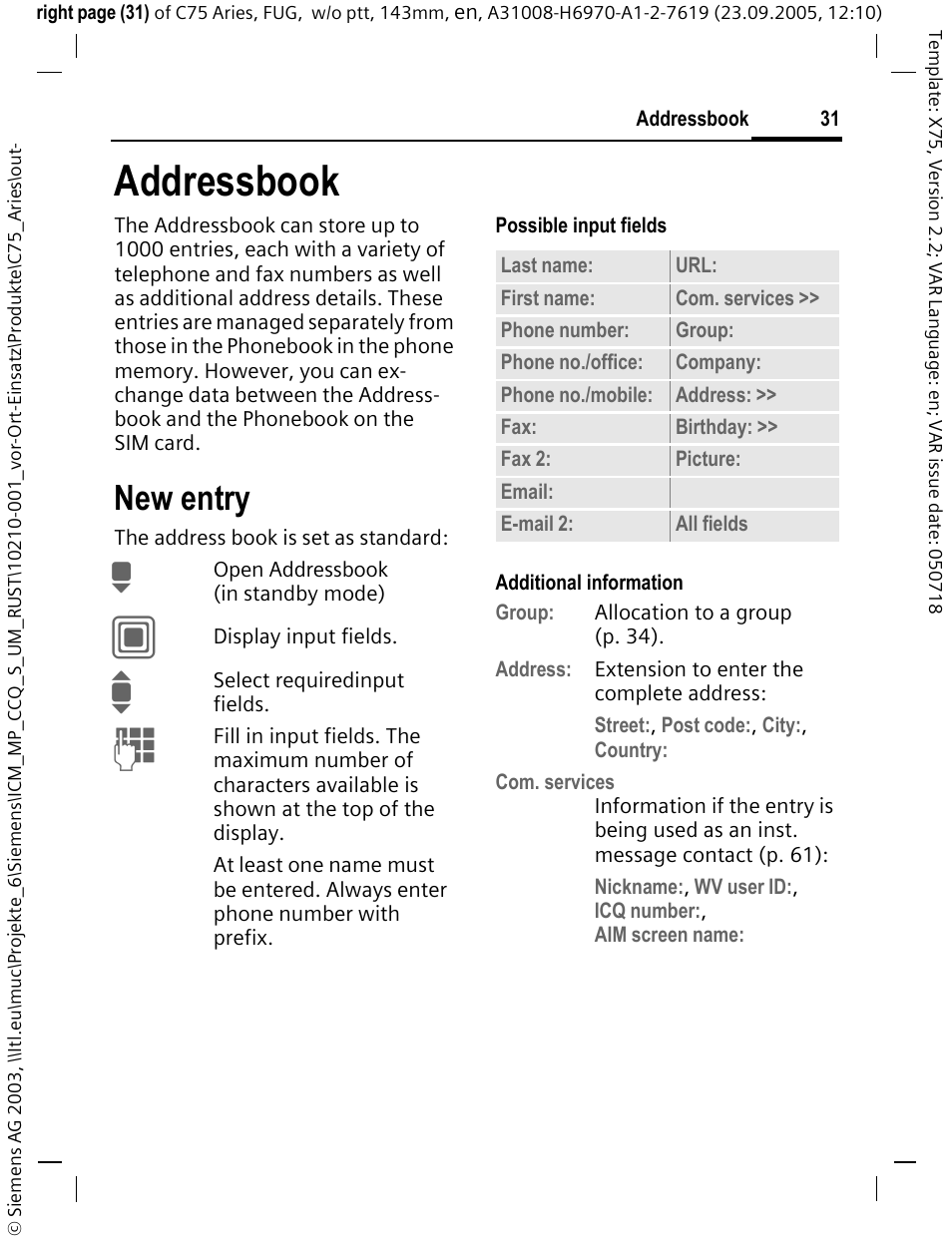 Addressbook, New entry | Siemens C75 User Manual | Page 32 / 144