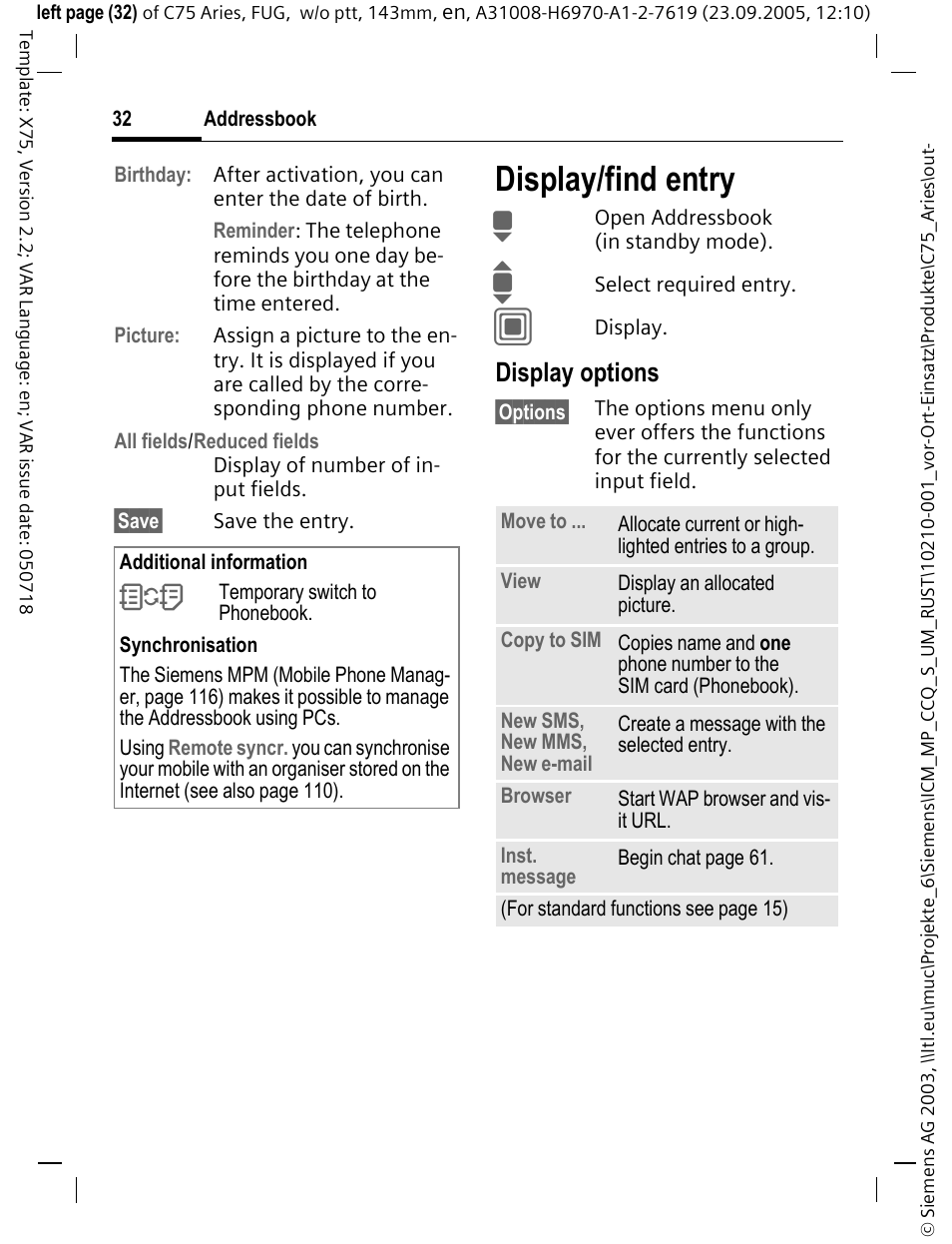 Display/find entry, Display options | Siemens C75 User Manual | Page 33 / 144