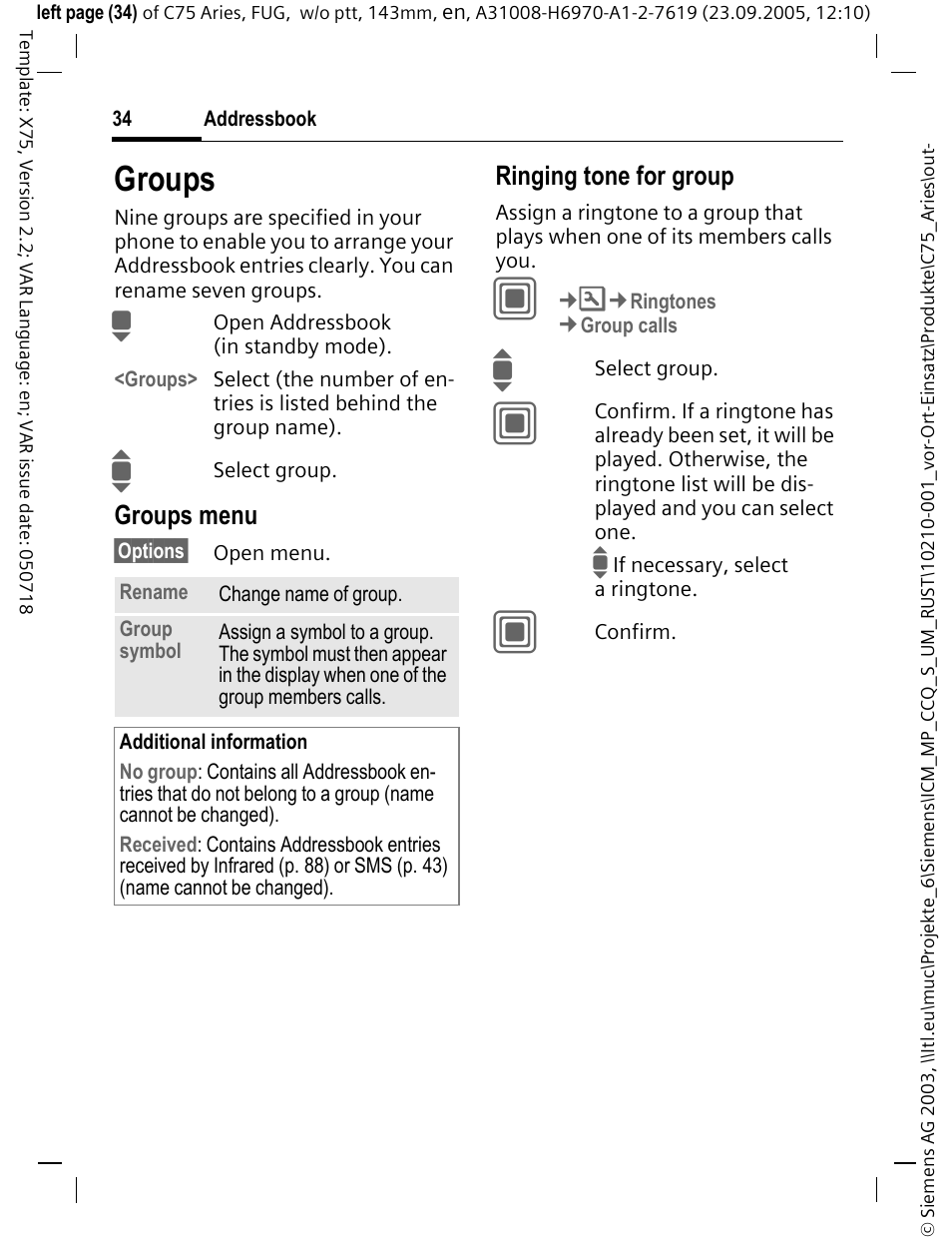 Groups, Groups menu, Ringing tone for group | Siemens C75 User Manual | Page 35 / 144