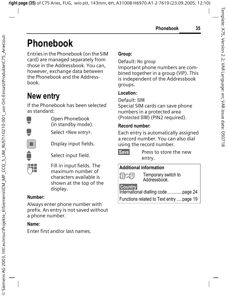 Phonebook, New entry | Siemens C75 User Manual | Page 36 / 144