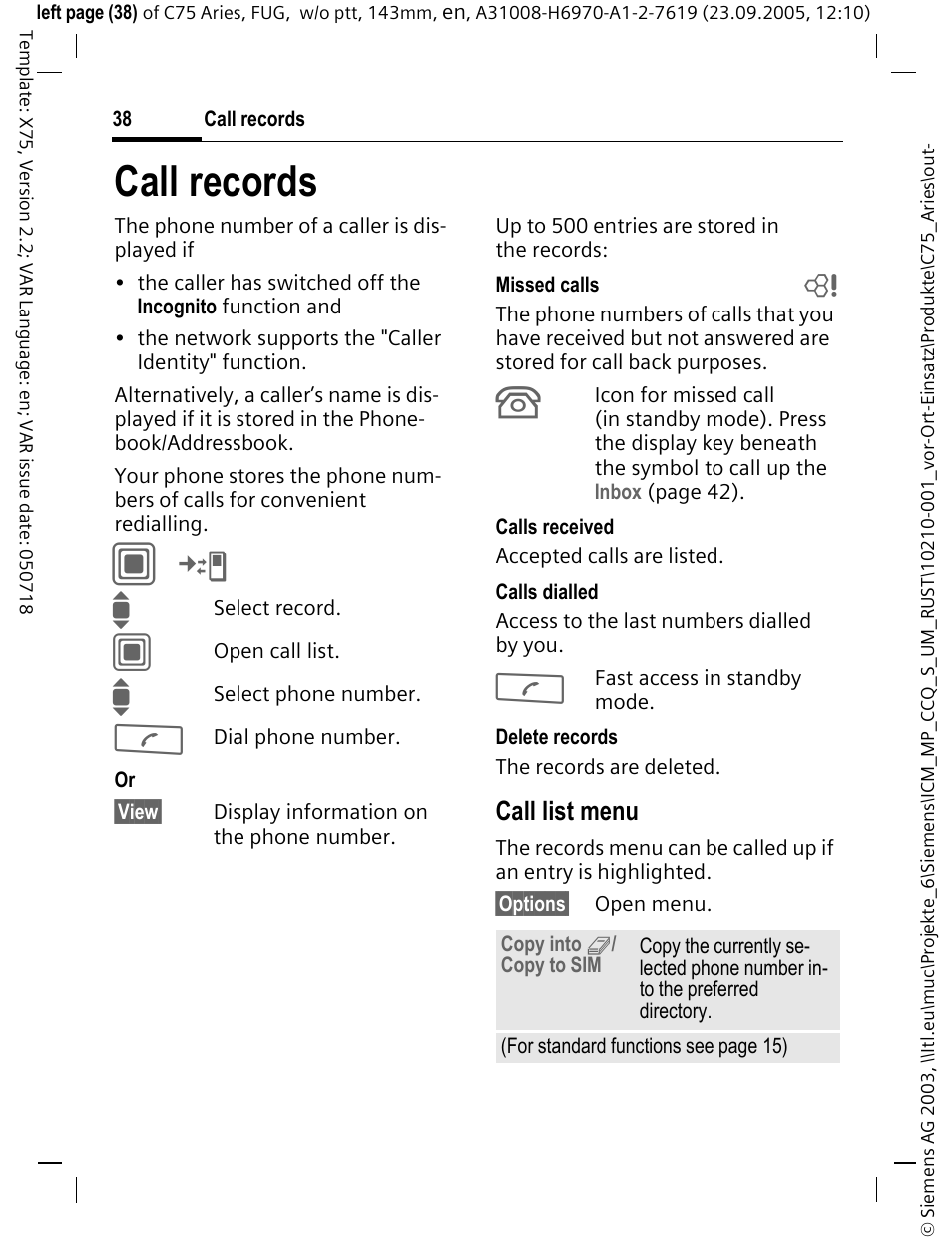 Call records, Call list menu | Siemens C75 User Manual | Page 39 / 144