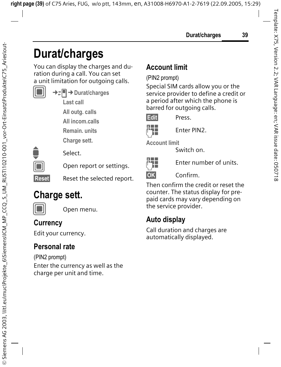 Durat/charges, Charge sett, Currency | Personal rate, Account limit, Auto display | Siemens C75 User Manual | Page 40 / 144