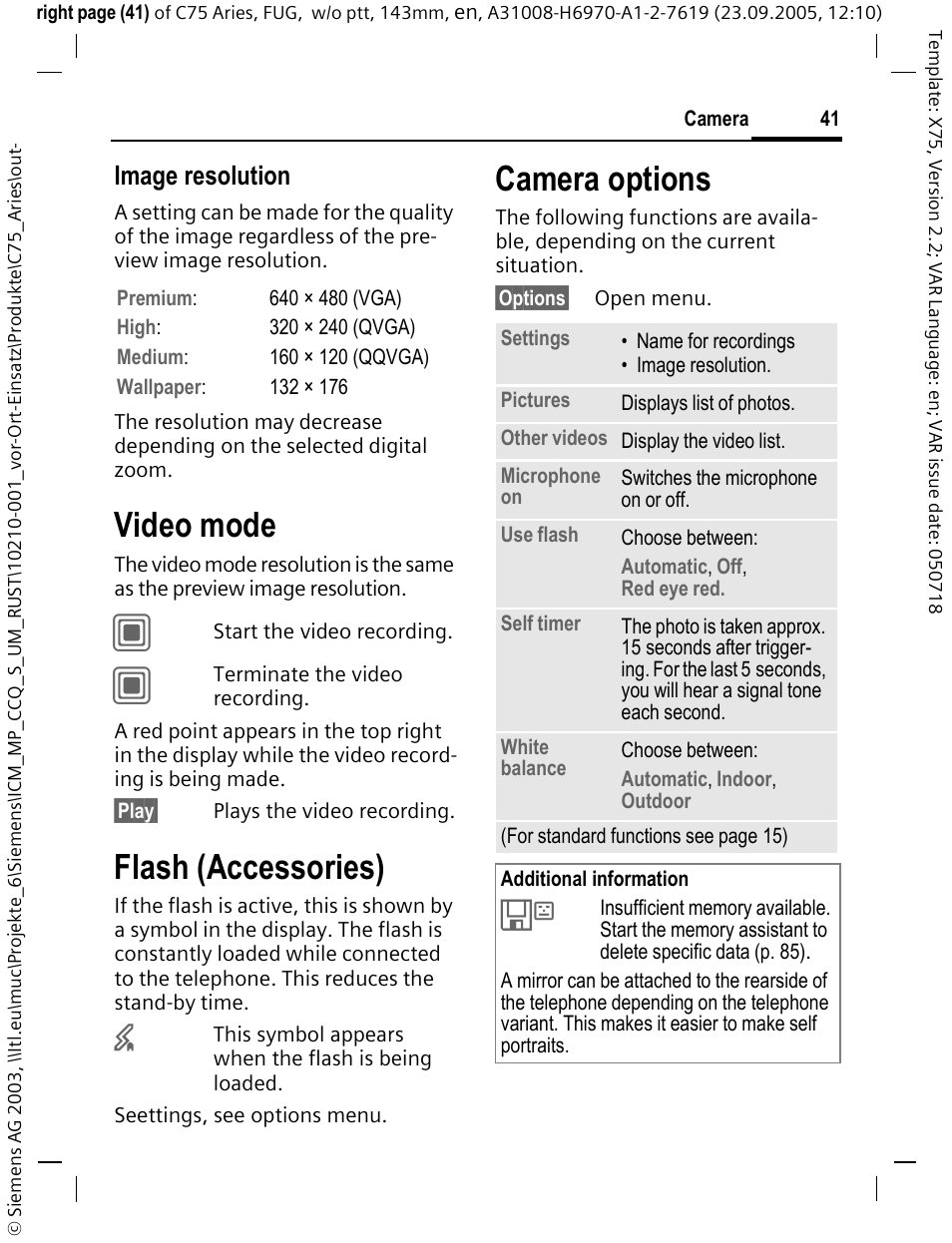 Video mode, Flash (accessories), Camera options | Image resolution | Siemens C75 User Manual | Page 42 / 144