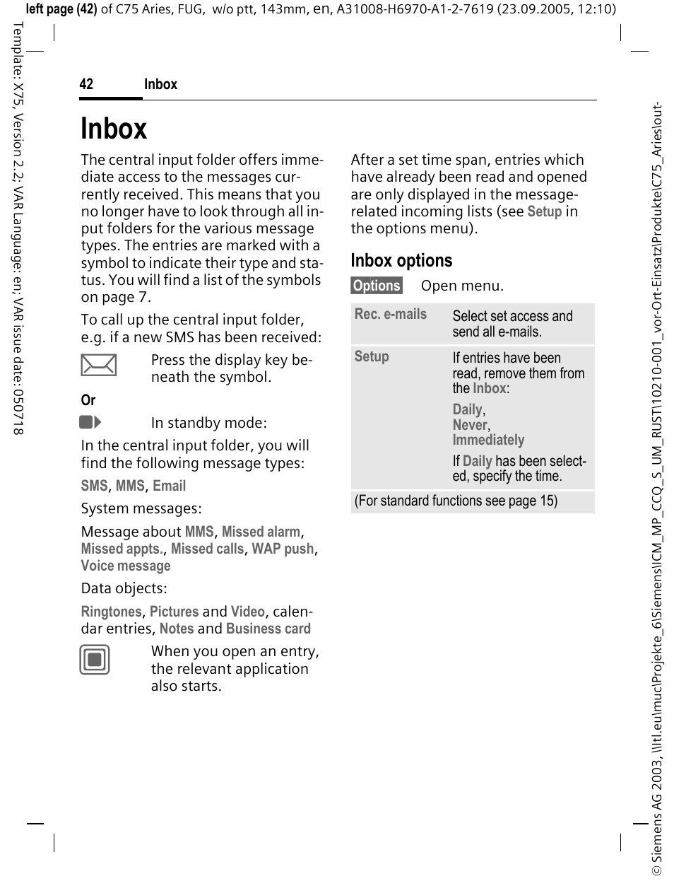 Inbox, Inbox options | Siemens C75 User Manual | Page 43 / 144