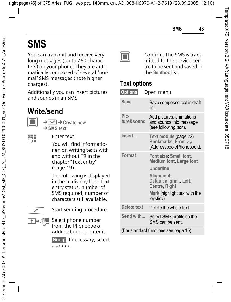 Write/send, Text options | Siemens C75 User Manual | Page 44 / 144