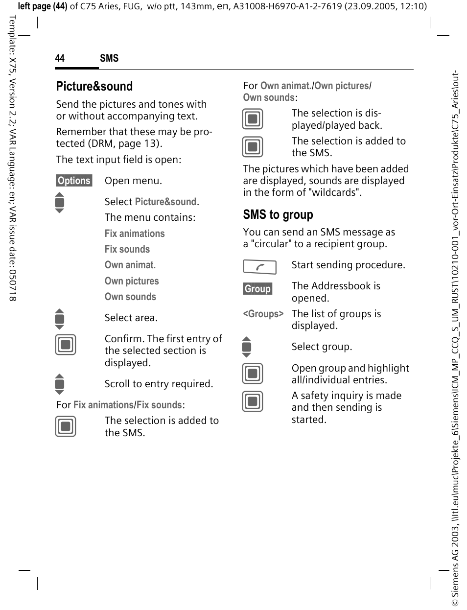 Picture&sound, Sms to group | Siemens C75 User Manual | Page 45 / 144