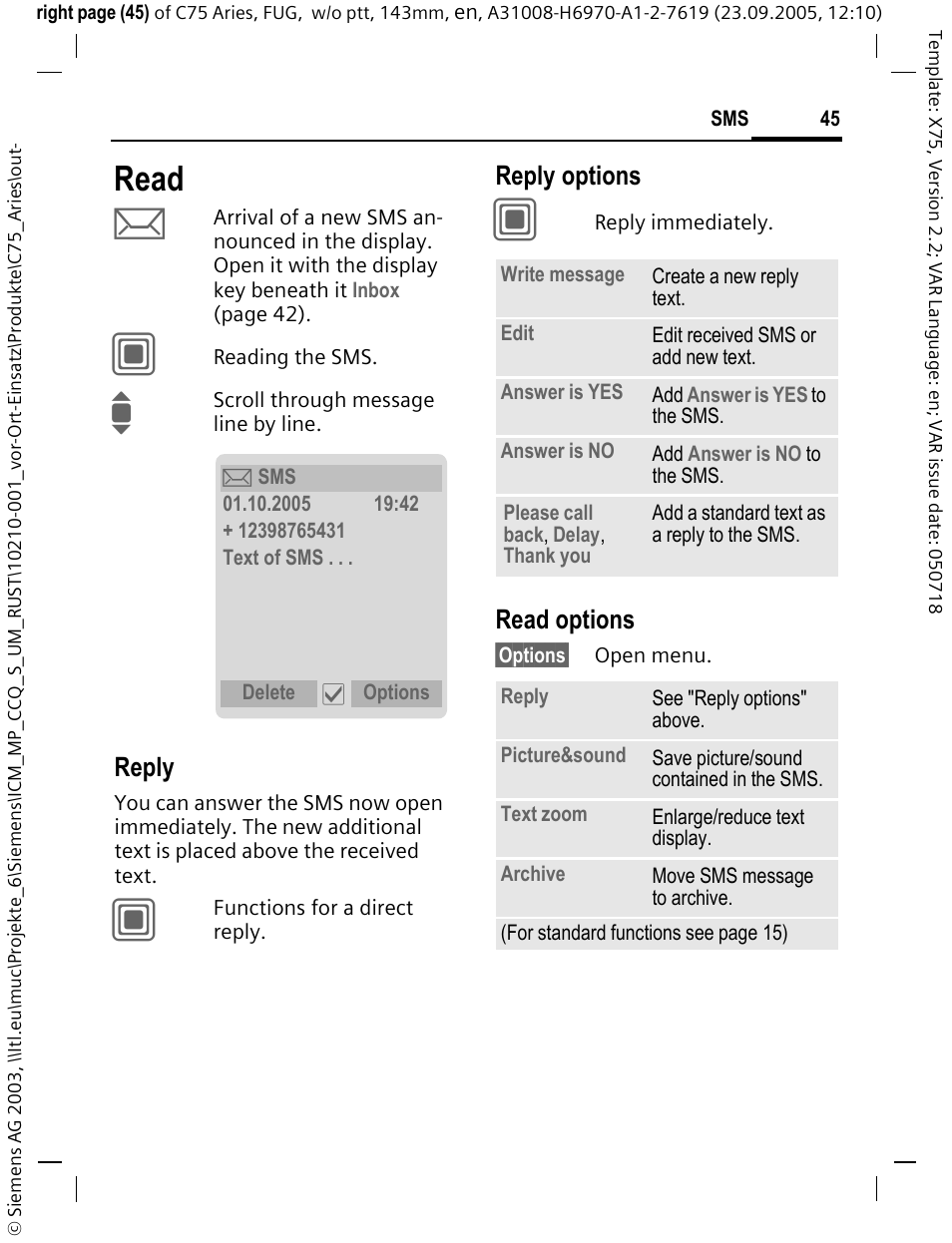 Read, Reply, Reply options | Read options | Siemens C75 User Manual | Page 46 / 144