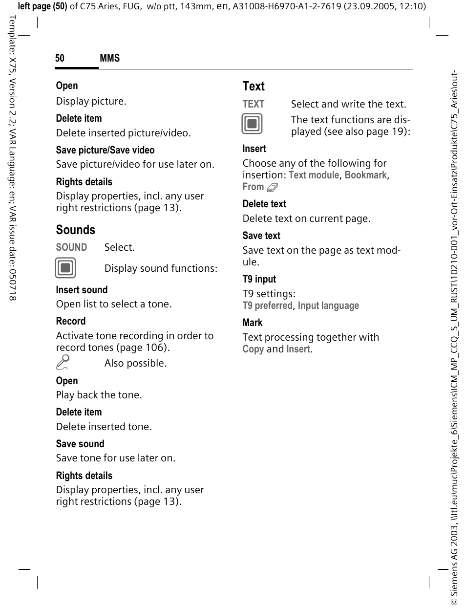 Sounds, Text | Siemens C75 User Manual | Page 51 / 144