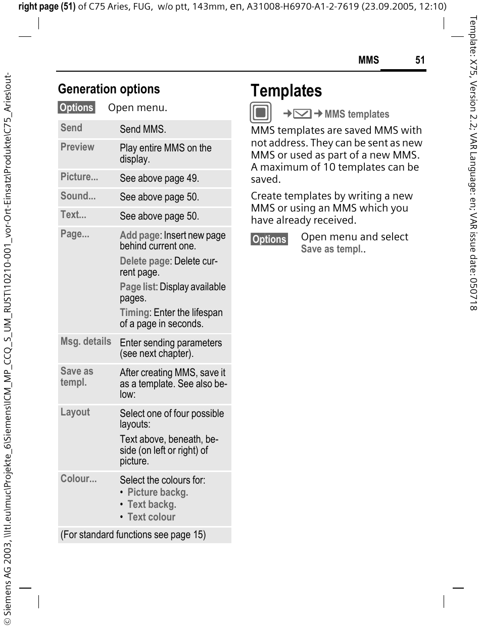 Templates, Generation options | Siemens C75 User Manual | Page 52 / 144