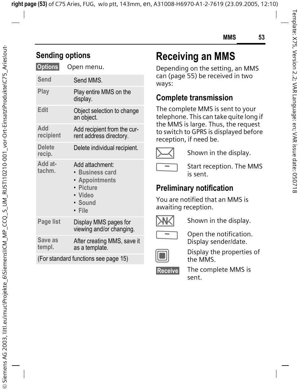 Receiving an mms, Sending options, Complete transmission | Preliminary notification | Siemens C75 User Manual | Page 54 / 144