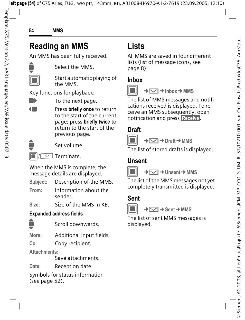 Reading an mms, Lists | Siemens C75 User Manual | Page 55 / 144