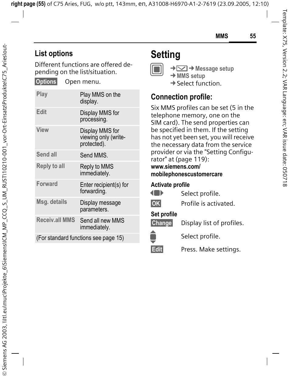 Setting, List options, Connection profile | Siemens C75 User Manual | Page 56 / 144