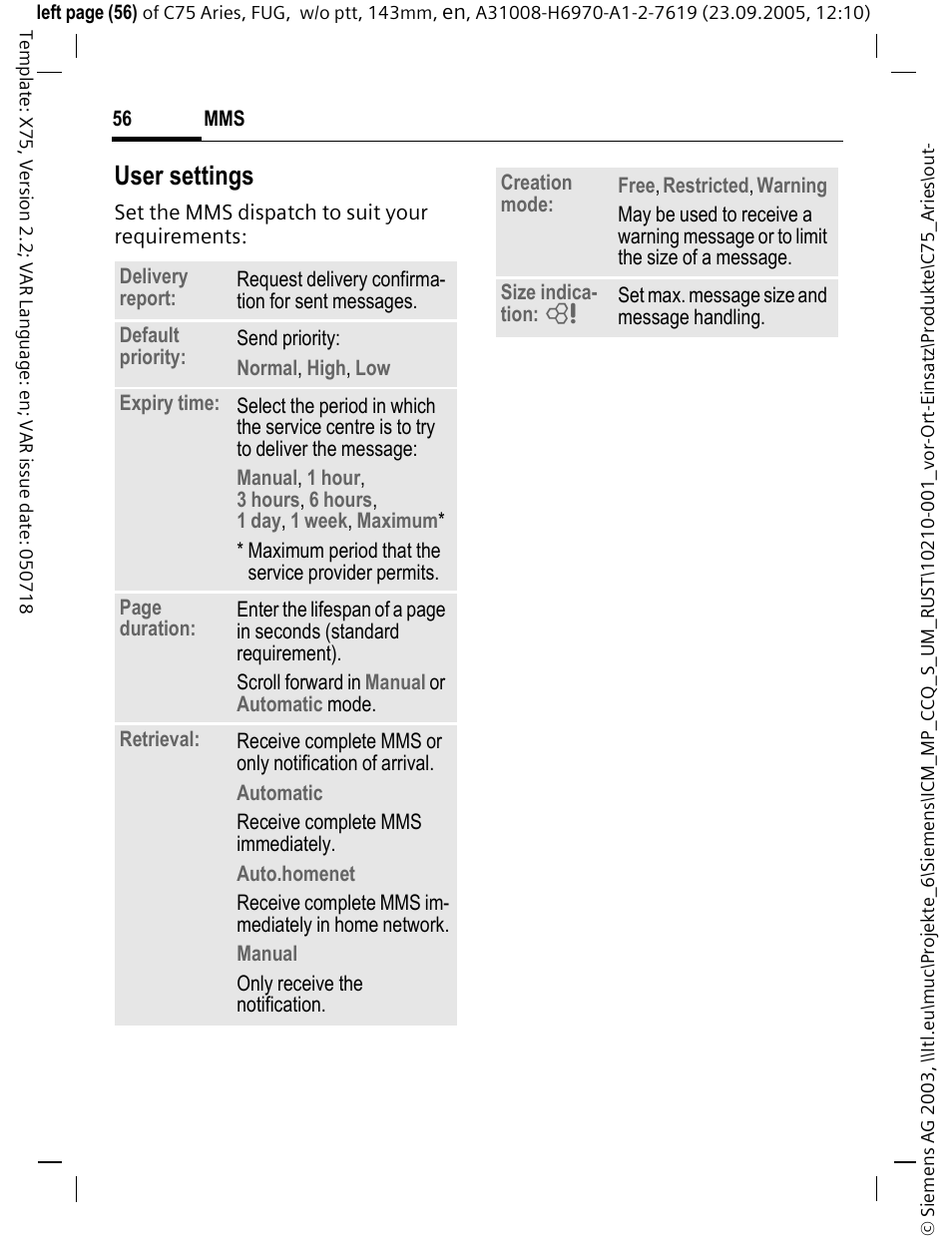 User settings | Siemens C75 User Manual | Page 57 / 144