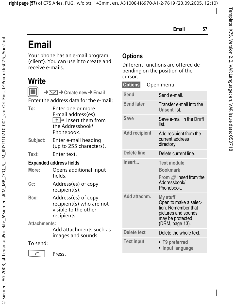 Email, Write, Options | Siemens C75 User Manual | Page 58 / 144
