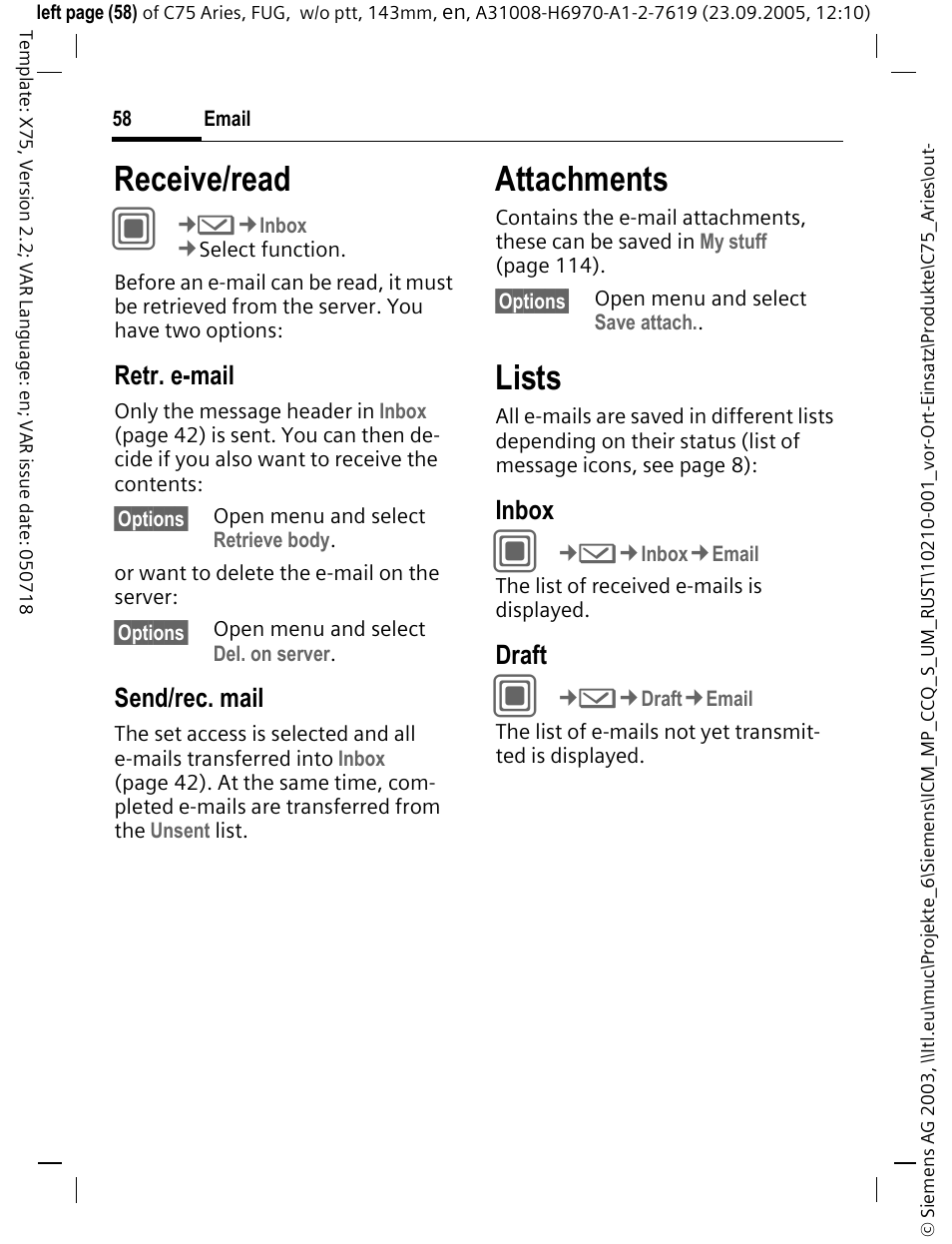 Receive/read, Attachments, Lists | Retr. e-mail, Send/rec. mail, Inbox, Draft | Siemens C75 User Manual | Page 59 / 144