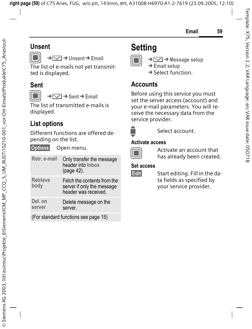 Setting, Unsent, Sent | List options, Accounts | Siemens C75 User Manual | Page 60 / 144