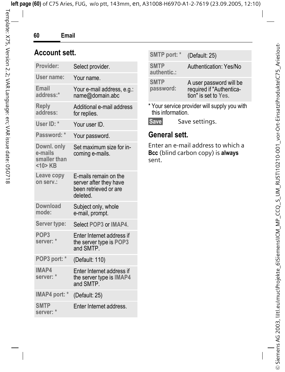 Account sett, General sett | Siemens C75 User Manual | Page 61 / 144